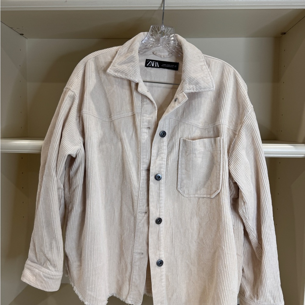 Zara Women’s Light Beige Corduroy Frayed Hem Shirt Jacket